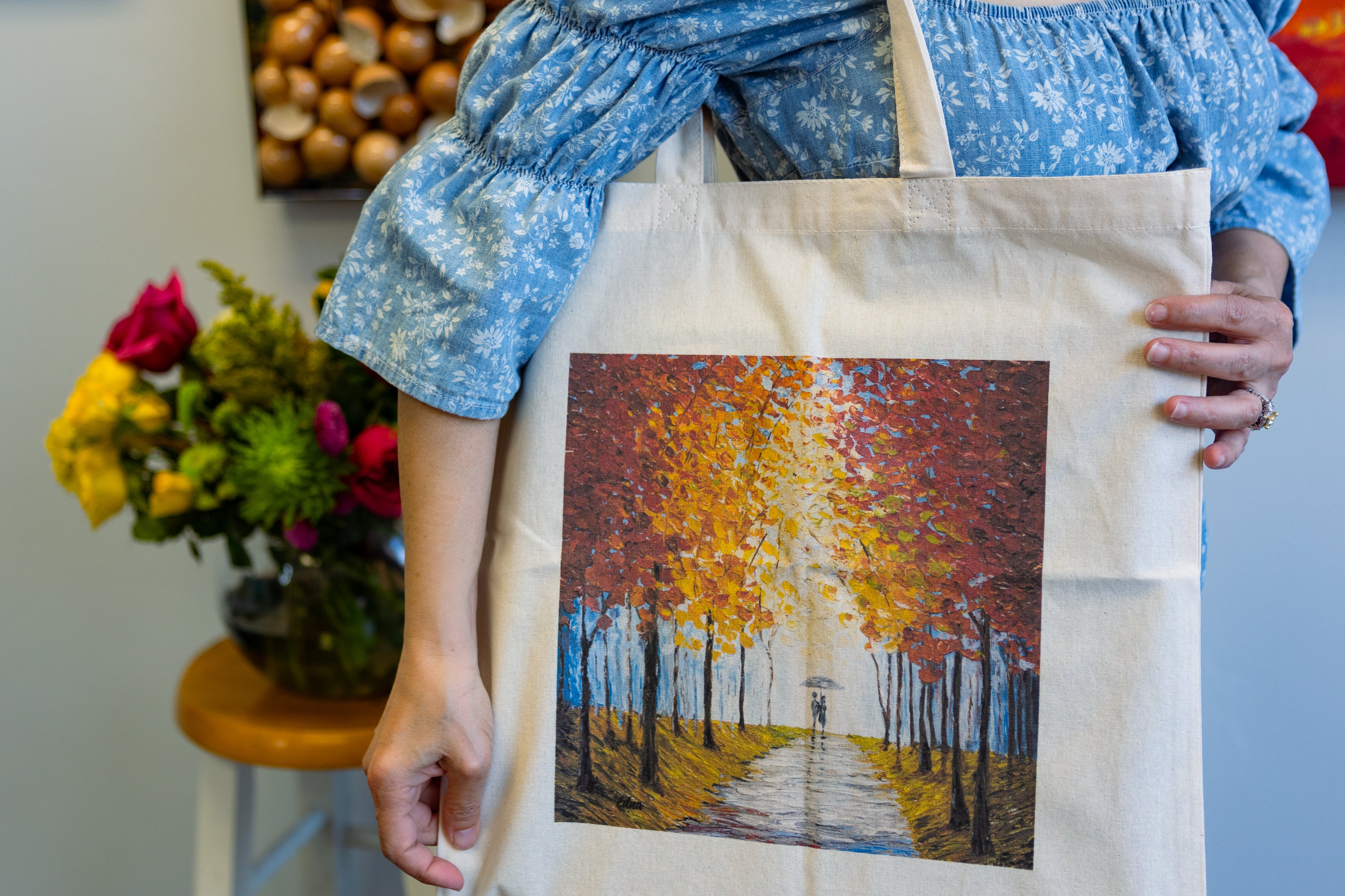 Edna Pines Tote Bag featuring "A Romantic Stroll"